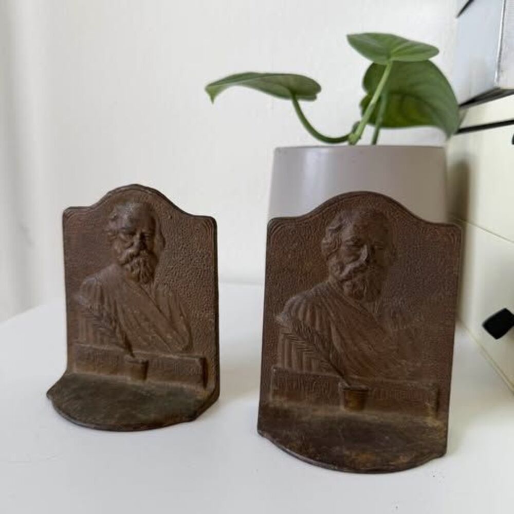 Antique Cast Iron Henry W. Longfellow Bookends – Pair (~1920s/1930s)
